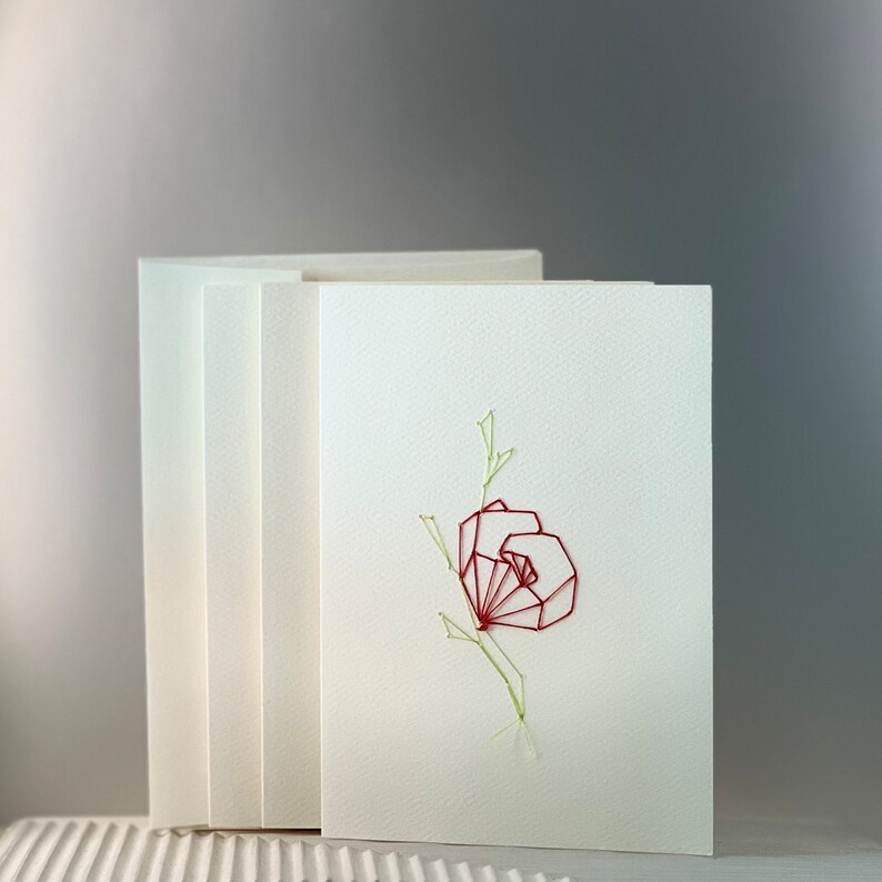 Minimalist Hand Embroidered Poppy Flower Silk Card on Premium Ivory Cardstock 3x5 Includes Envelopes image 4