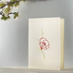 Minimalist Hand Embroidered Poppy Flower Silk Card on Premium Ivory Cardstock 3x5 Includes Envelopes image 3