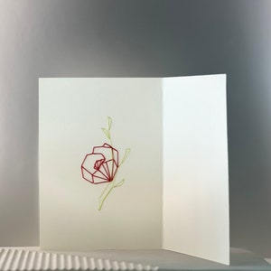 Minimalist Hand Embroidered Poppy Flower Silk Card on Premium Ivory Cardstock 3x5 Includes Envelopes image 6