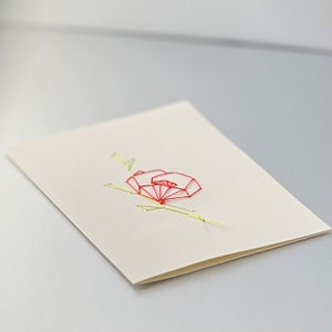 Minimalist Hand Embroidered Poppy Flower Silk Card on Premium Ivory Cardstock 3x5 Includes Envelopes image 2