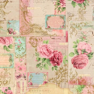Kit de journal de bord de botanique éphémère, fleurs roses anciennes, kit de journal indésirable de roses françaises éphémères, étiquettes françaises vintage, téléchargement immédiat