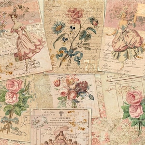 Pale Pink Ephemera Kit, Antique Roses & Flowers, Dusky Pinks Kit, Ephemera French Papers, Vintage Labels, Instant Download Files
