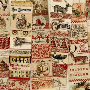 Op de afbeelding: Een collage van vintage kerst-ephemera strips. De strips tonen de kerstman, rendieren, klokken en feestelijke tekst zoals "Christmas" en "Merry Christmas". Het kleurenpalet omvat rood, crème en goud. De tekst "Xmas Snippet Strips" is zichtbaar.