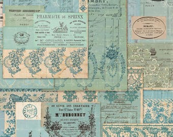 Blue French Ephemera, Lace Invoices, Junk Journal (Instant Download)