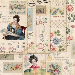 Peut inclure: Un collage d'éphémères vintage avec des motifs floraux et de broderie. L'image comprend des illustrations de femmes, du texte et divers motifs de broderie. Le texte indique "BRODERIE EPHEMERA KIT" et "INSTANT DOWNLOAD FILES". La taille du papier est de 21,59 cm x 27,94 cm.
