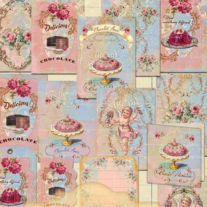Shabby Chic Desserts, French Cake Patisserie, Ephemera Cakes, Vintage Cakes with Angels and Roses, Patisserie Tags, Instant Download files