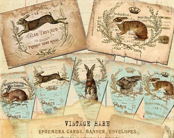 Vintage Hare, Rabbits, French Ephemera Cards, Banner, Easter Gift Envelopes, Shabby chic Digital Collage Sheets in 300 pdi, Instant Download