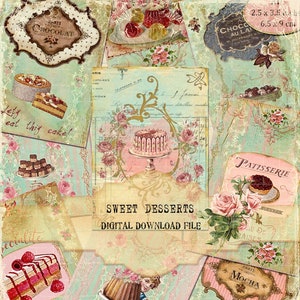 Postres dulces, Postres efímeros de pastelería francesa, Gâteau francés, Dulces franceses Shabby Chic, Hoja de collage en 300 pdi, Descarga instantánea