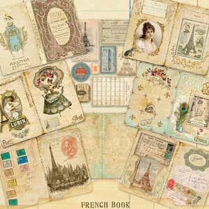 Kit de diário de lixo para livros franceses, coisas efêmeras francesas chiques e gastas, papéis franceses vintage, arquivos digitais franceses imprimíveis 300 pdi, download instantâneo