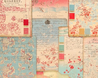 May include: A digital collage kit featuring vintage French ephemera with floral patterns, handwritten text, and color swatches. The kit includes a variety of elements that can be used for scrapbooking, card making, and other paper crafts. The kit is available for instant download and measures 8.5 inches by 11 inches.