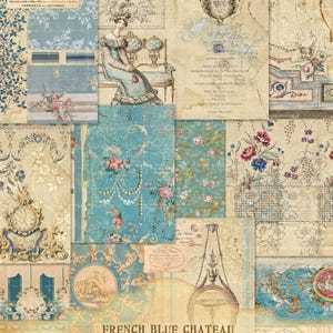 Kit éphémères bleu château français, fleurs de papiers peints anciens, arrière-plans floraux, papiers français éphémères, étiquettes vintage, téléchargement immédiat