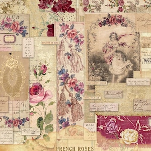 May include: A vintage collage with a French roses theme, featuring floral illustrations, handwritten script, and aged paper textures. Text includes "French Roses Ephemera Kit" and "Instant Download Files". The paper size is 21.6cm x 27.9cm.