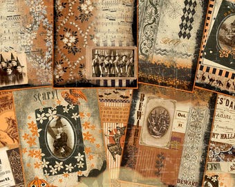 May include: A collage of vintage Halloween-themed ephemera. The design features aged paper textures, illustrations of witches, pumpkins, bats, and the text "Halloween Witches' Dance." The color palette includes orange, brown, and black.