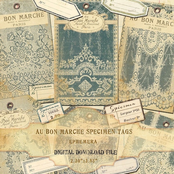 Printable File AU BON MARCHE Speciment tags, Petite French Lace Sample tags, French Ephemera Etiquettes, Instant Download file in 300 pdi