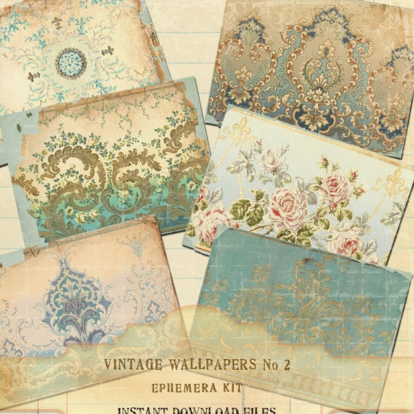 Vintage French Blue Wallpapers, Shabby Chic Floral Wallpapers, Roses Wallpapers, Antique Ephemera Wallpapers No 2, Instant Download Files