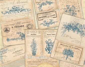 Vintage French Ephemera, Blue Roses, Invoices & Receipts (Digital Collage Sheets)
