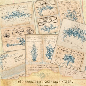 Vintage Franse oude facturen en kwitanties, efemere Franse blauwe rozen, French Ledger Efemere rommeldagboek collagevellen, printables
