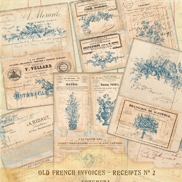 Vintage French Old Invoices & Receipts, French Blue Roses Ephemera, French Ledger Ephemera Junk Journal Collage Sheets, Printables