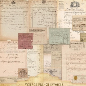Vintage Franse oude facturen en kwitanties, Franse bureaupapieren, Franse antieke grootboekpapieren, Ephemera Junk Journal Collage Sheets, Printables