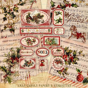 Carte effimere di canti natalizi, etichette di Natale vittoriane, galateo natalizio, carte di Natale vintage, carte di Natale, file digitali