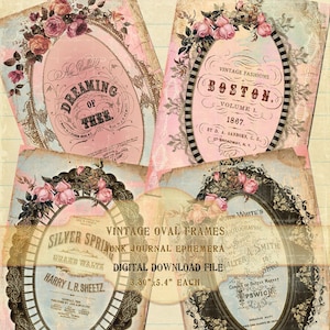 QUADROS OVAIS vintage, molduras de colagem, etiquetas de guirlanda de ornamento, 4 designs de 3,8" x 5,4" cada, artesanato de papel efêmero vintage para impressão, digital