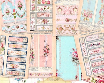 May include: A digital collage of vintage French wallpaper samples featuring floral patterns in pink, blue, and white. The collage includes text in French, including the words "Affaires Recommandées" and "Impressions d'Alsace". The title "French Wallpapers Specimens No 9 Ephemera Kit Instant Download Files 8.5"x11"" is displayed at the bottom.