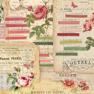 French Bouquet Les Fleurs Papiere, Ephemera Kit, Vintage Muster, antike Rosen Papiere, Ephemera Blumen, Les Fleurs, Instant Download Dateien