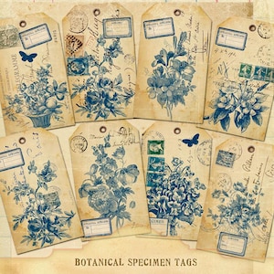 Peut inclure: Ensemble de marque-pages botaniques vintage avec des illustrations florales bleues, des timbres et des écritures manuscrites sur fond crème. Les étiquettes mesurent 5,8 cm x 9,8 cm et comportent le texte "BOTANICAL SPECIMEN TAGS" et "DIGITAL DOWNLOAD FILES".