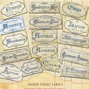 Etiquetas de rua de itens efêmeros franceses, etiquetas azuis de endereço francesas, etiquetas de rua francesas, etiquetas de diário de lixo, arquivos de download instantâneo em 300 pdi