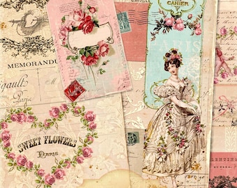 May include: A digital collage kit with a vintage aesthetic featuring images of roses, a woman in a dress, and text in French. The kit includes ephemera for scrapbooking, card making, and other paper crafts. The kit is 8.5 inches by 11 inches.