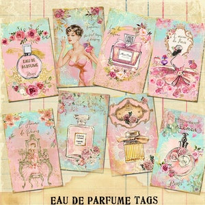 Etiquetas vintage de perfumes franceses, EAU DE Parfume efímera francesa, etiquetas de perfumes Shabby Chic, hoja de collage digital de 300 pdi, archivo de descarga instantánea