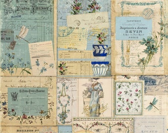 French Blue Vintage Papers: Junk Journal Ephemera (Digital Download)