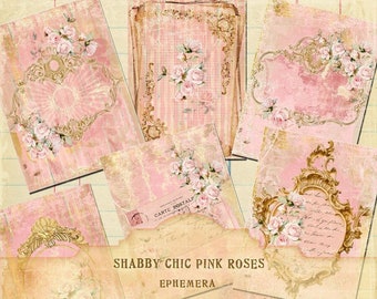 Shabby Chic Pink Roses Ephemera, Junk Journal Pages (Digital Files)