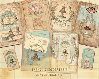 French Patisserie Junk Journal Kit, French Chocolaterie, Tea Party Tags, Shabby Chic French Cakes, French Blue Tags, Digital Files 300 pdi