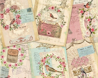 Carte di rose francesi da sogno, collezione di pizzi vintage, rose shabby chic, stampabili di uccelli francesi, documenti di diario spazzatura francese, documenti digitali