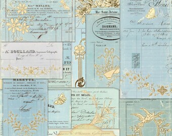 Efímera azul francesa vintage: Collage de facturas y recibos (descarga digital)
