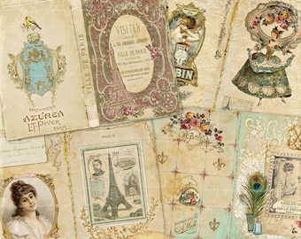 Kit di diario spazzatura per libri francesi, effimeri francesi shabby chic, documenti francesi vintage, file digitali francesi stampabili 300 pdi, download istantaneo