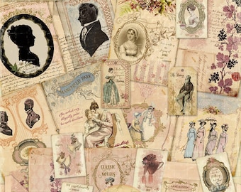 May include: A digital download kit of vintage-style ephemera featuring Jane Austen book titles, illustrations, and text. The kit includes a variety of images in a soft pink and cream color palette, perfect for scrapbooking, card making, or other crafting projects. The kit is 8.5 inches by 11 inches.