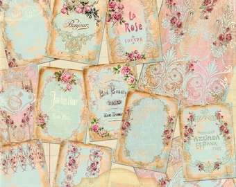 Cartes de journalisation roses So Shabby Chic, pages numériques du Journal des ordures ménagères bleu Français, roses anciennes éphémères Français, pages de journalisation roses minables