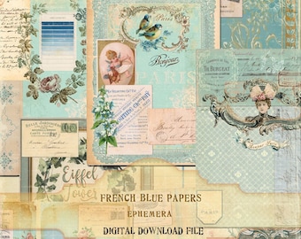 French Blue Ephemera: Vintage Printable Papers for Junk Journals (PDF)