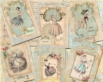 Pode incluir: Um kit de colagem digital com imagens vintage de bailarinas em várias poses. As imagens estão em um esquema de cores azul e rosa e incluem texto como "Ballet", "Paris", "Coro" e "Ballet azul".