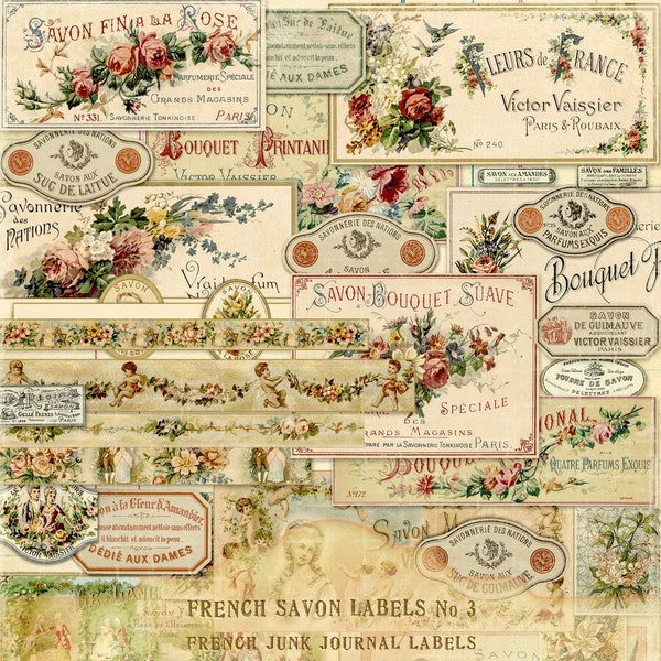 French Savon Labels, French Floral Savon Labels for Junk Journal, Victorian Savon Labels No 3, Ephemera Floral French Labels, Digital Files
