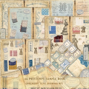 Vintage Französisch Kurzwaren Junk Journal Kit, Französische Grands Magasins AU PRINTEMPS Ephemera Buch, Französische Knopf Karten, Spitze Junk Journal Kit