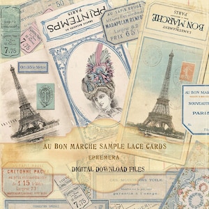 Au Bon Marken-Kurzwaren-Spitzen-Musterkarten, Französische Ephemera-Spitzenhalter, Ephemera Kurzwaren-Halter, französisches Junk Journal