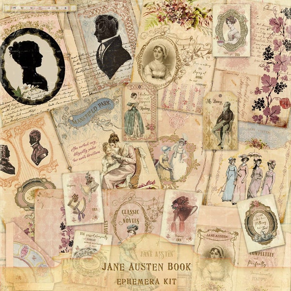 Jane Austen Regency Era Book Junk Journal Kit, Pride and Prejudice, Shabby Chic Vintage Ephemera, Printable Victorian Instant Download Files