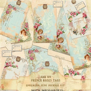 Carte di rose francesi AGGIUNTE, etichette di rose shabby chic, etichette di rose contabili, buste di rose francesi effimere, etichette francesi, kit diario spazzatura francese