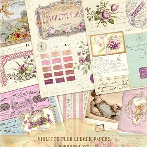 Violette Flor Ledger Papers Journal Kit, Violette Vintage Papers, Ephemera Ledger Papers, vintage afdrukbare papieren, instant digitale bestanden