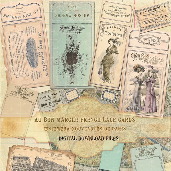 Vintage Franse Fournituren, Au Bon Marche Franse Ephemera Lace Holder, Franse Button Cards, Junk Journal Ephemera Fournituren Houders