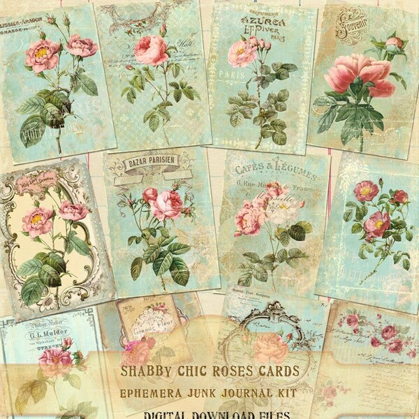 Shabby Chic Roses Journaling Cards, French Blue Junk Journal Digital Pages, Antique French Ephemera Roses, Botanical Journaling Printables