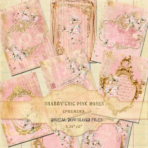 Roses roses shabby chic, lambeaux roses pastel, pages de carnet français indésirable, papiers éphémères roses, papiers peints français shabby chic, fichiers numériques
